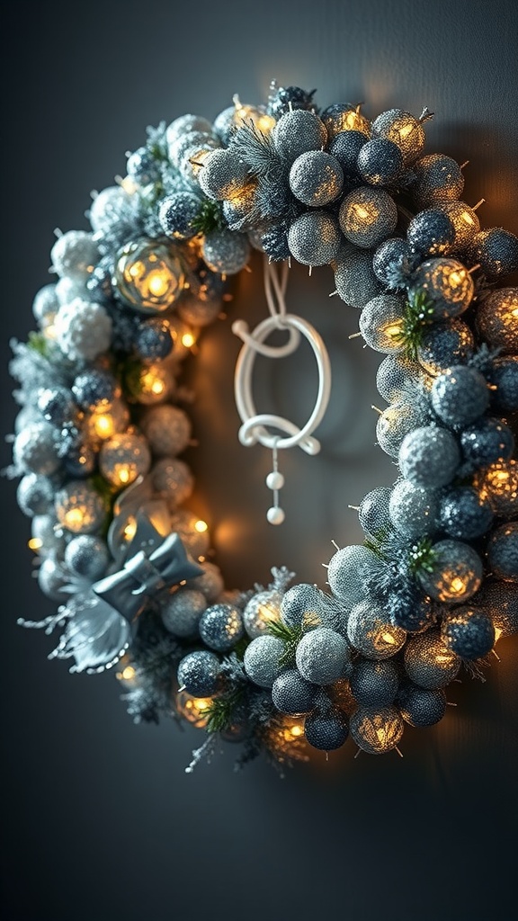 A decorative wreath with shiny glittery balls and soft glowing lights.