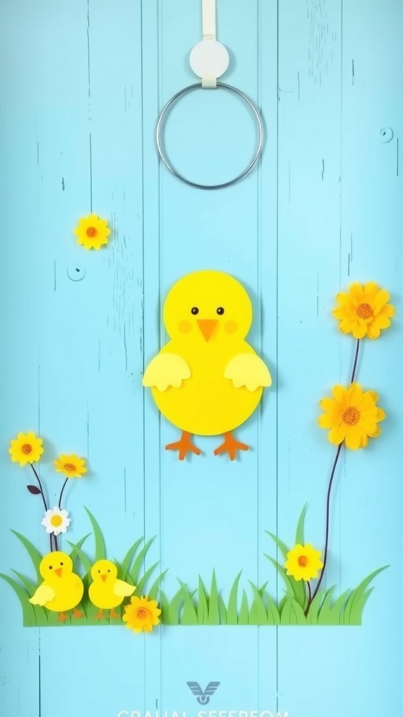 A bright yellow chick decoration hanging on a blue wooden background, surrounded by flowers and grass.