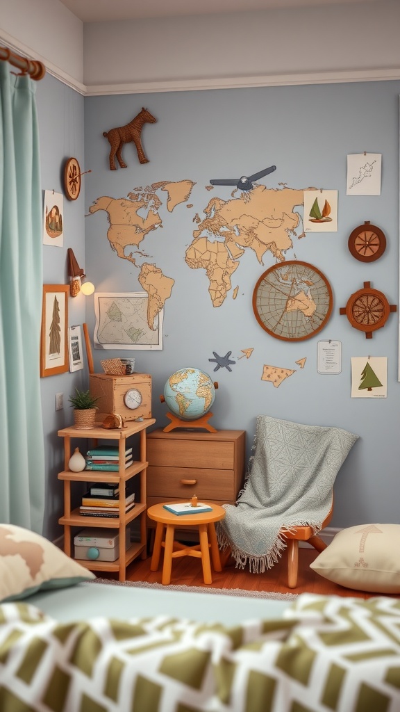 A cozy bedroom corner decorated with adventure-themed decor, including a world map, globe, and nature artwork.