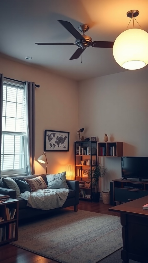 A cozy dorm living room with ambient lighting from a ceiling fixture and a floor lamp, creating a warm atmosphere.