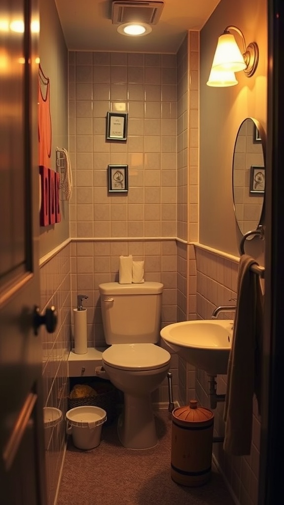 A small, moody bathroom with ambient lighting and cozy decor.