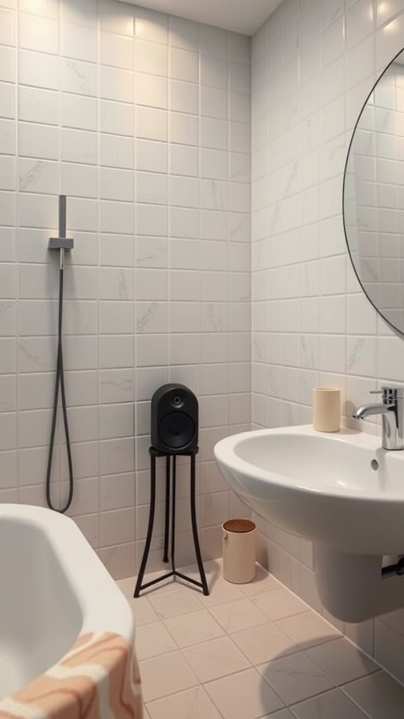 A minimalist bathroom featuring a speaker, soft lighting, and a clean aesthetic.