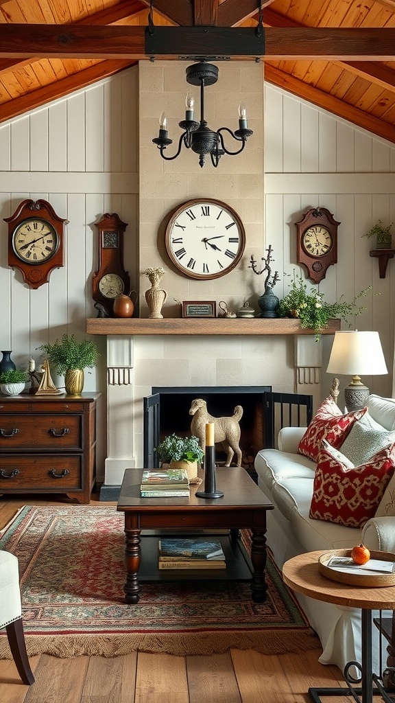 A cozy ranch-style living room featuring antique clocks on the mantel, a wooden coffee table with books, and a warm color palette.