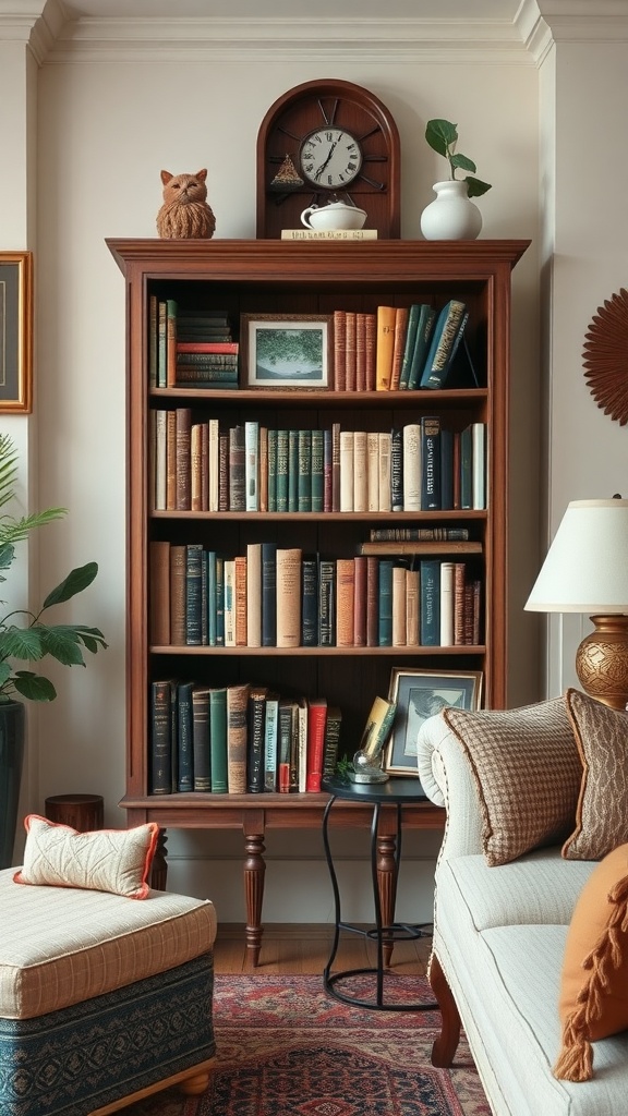 A cozy living room featuring an antique wooden bookshelf filled with books, decorated with a clock, an owl figurine, and a plant.