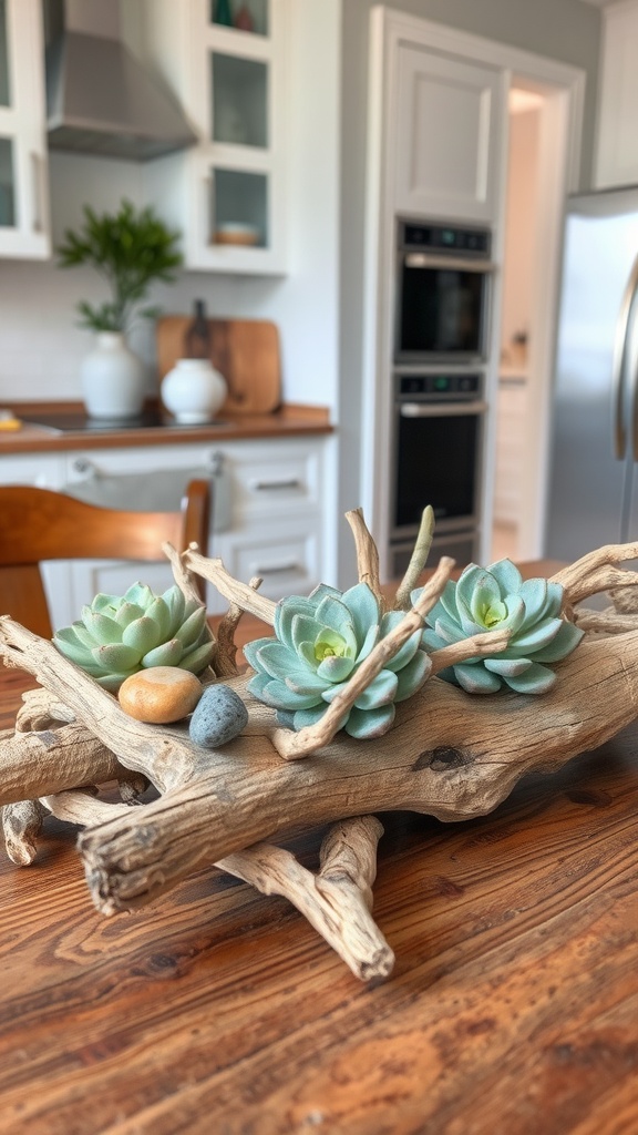 A decorative centerpiece made of driftwood and succulents on a kitchen table.