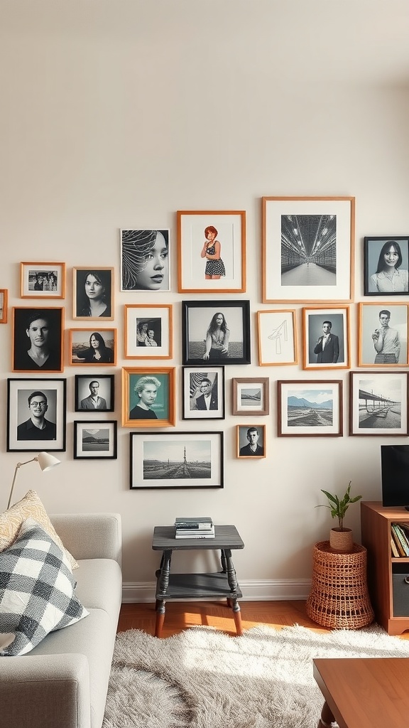 Gallery wall featuring a variety of framed photos and art pieces in a cozy living room