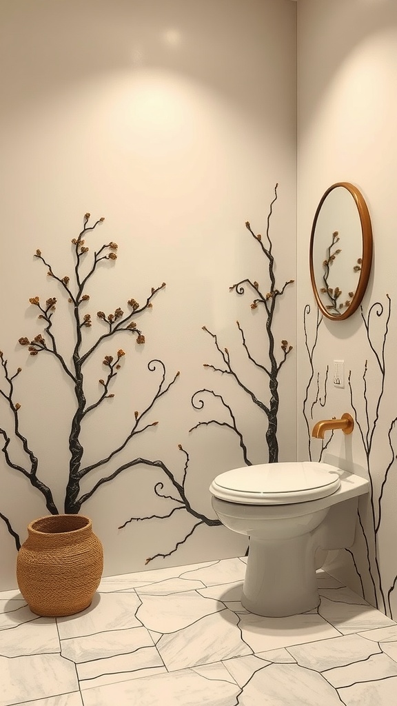 A modern bathroom featuring nature-inspired wall art of branches, a round mirror, and a textured pot.