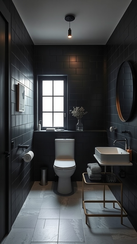 A small dark bathroom featuring black tiles, a window, and stylish fixtures.