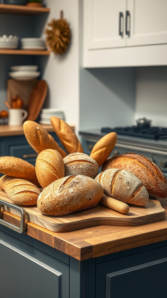 A beautiful display of artisan bread on a wooden cutting board in a cozy kitchen.