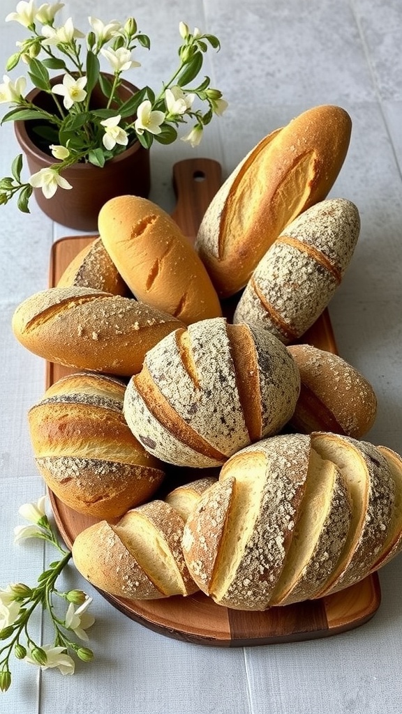 A variety of artisan breads displayed on a wooden board with a small flower pot beside them.