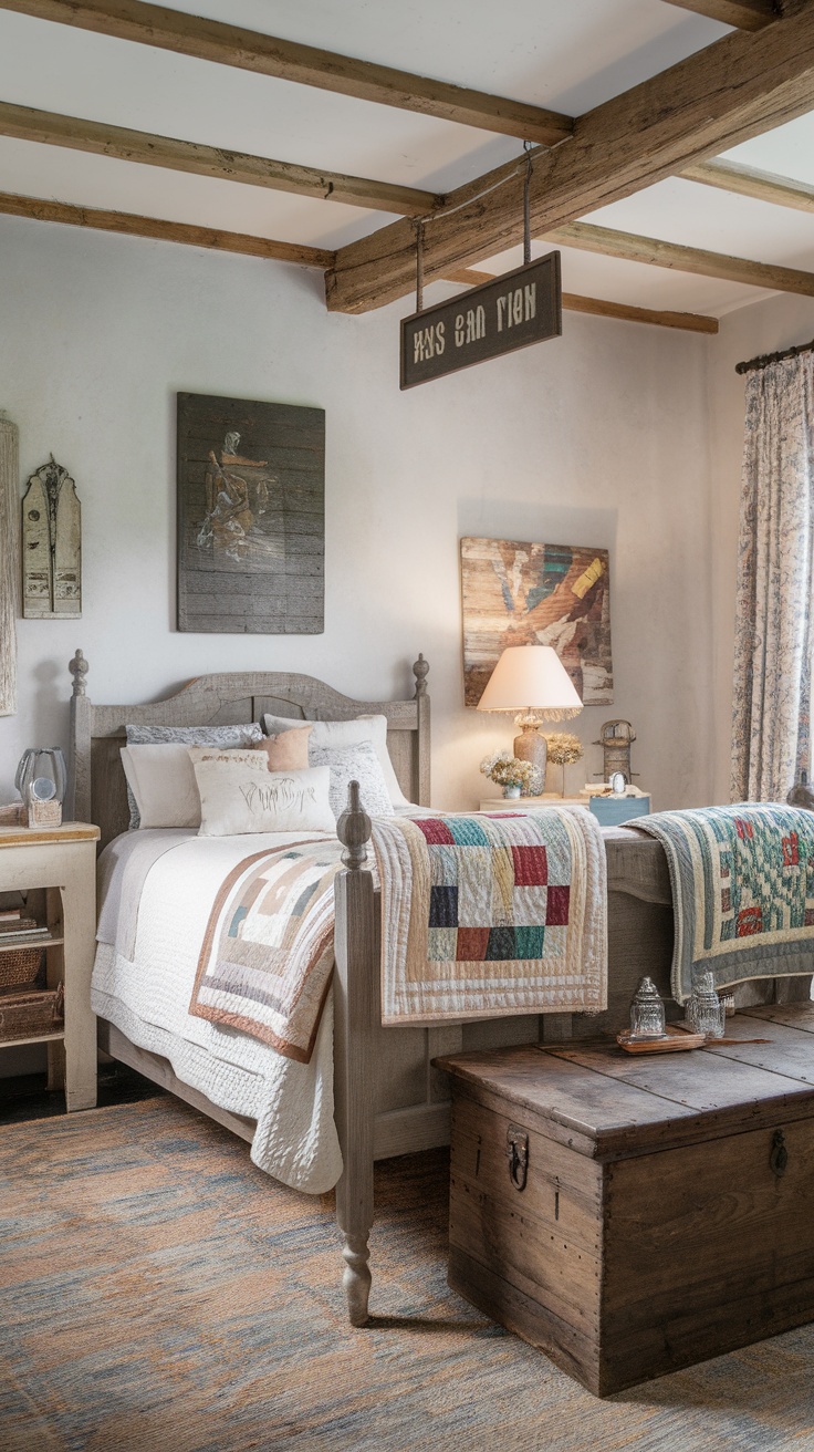 A cozy shabby chic bedroom featuring rustic wooden beams, layered quilts, and artisan crafted decor.