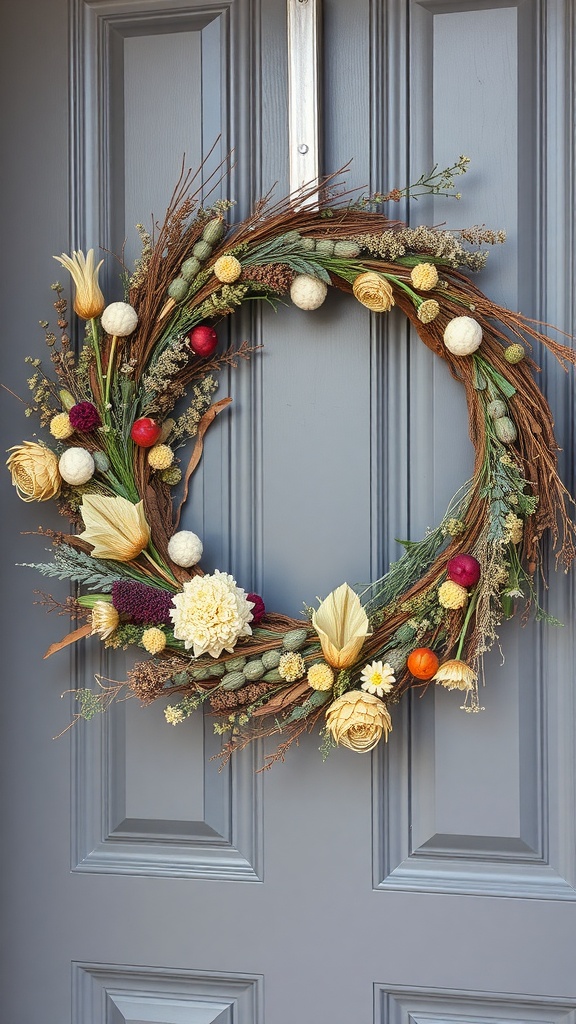 A beautiful artisan dried flower wreath with various colors and textures, hung on a front door.