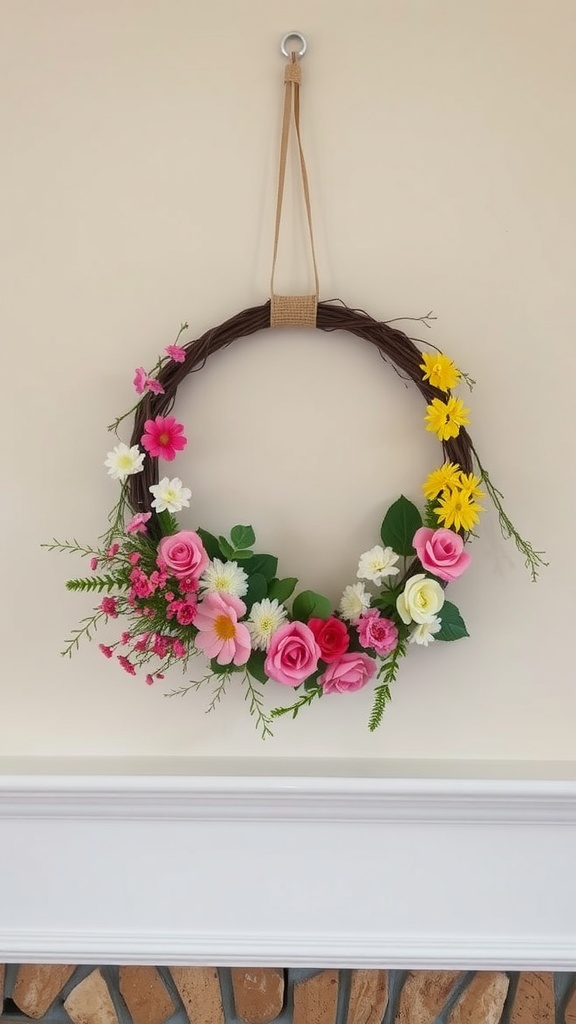 A vibrant artisan spring wreath with pink roses and daisies on a vine base.