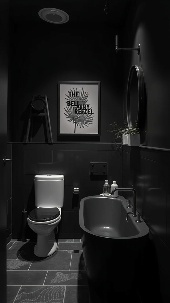 A black-themed bathroom featuring a stylish bathtub, toilet, mirror, and framed artwork.