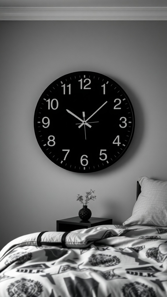 A stylish black wall clock hanging above a bed with neutral bedding and a small plant on the nightstand.