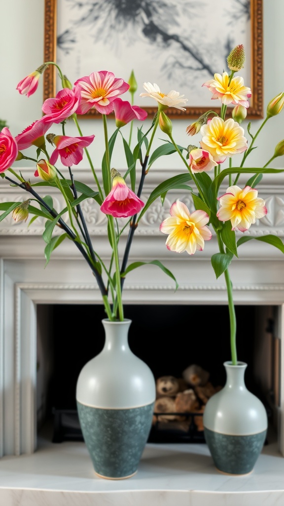 Artistic ceramic vases with colorful flowers displayed near a fireplace