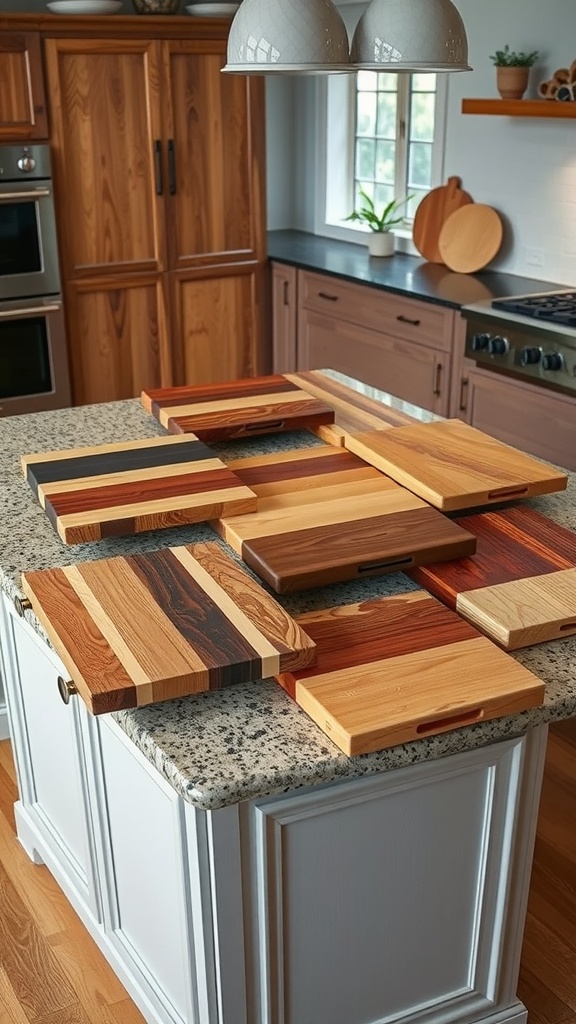 A variety of artistic wooden cutting boards arranged on a kitchen island.