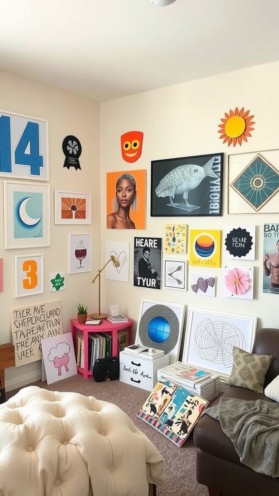 A colorful dorm living room showcasing a gallery wall filled with diverse artwork and a cozy seating area.