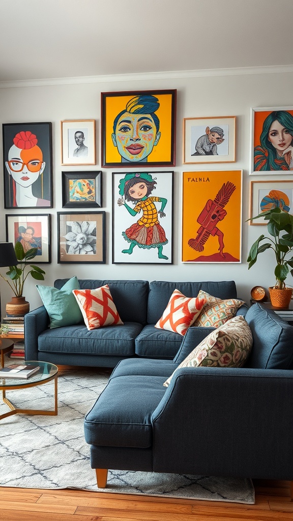 A living room featuring a dark gray couch, colorful cushions, and a gallery wall filled with diverse artwork.