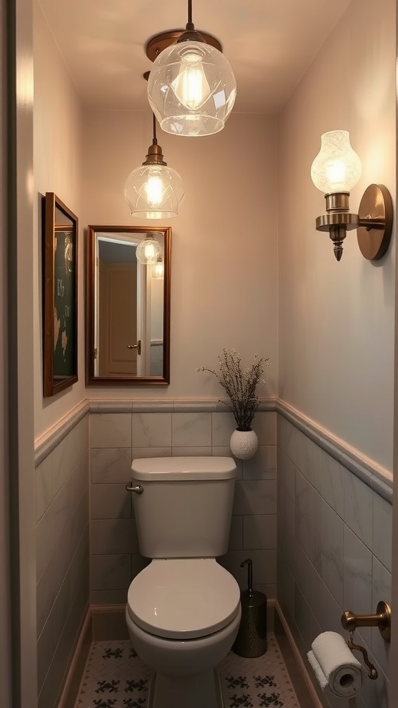 A small bathroom with artistic lighting fixtures including hanging pendant lights and a wall sconce.