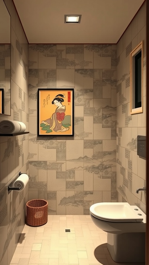 A small bathroom featuring Ukiyo-e prints on the wall, with earthy tile designs and warm lighting.