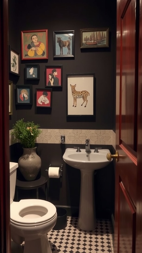 A small dark bathroom with artistic wall art in frames, featuring various illustrations and portraits, complemented by a green plant.