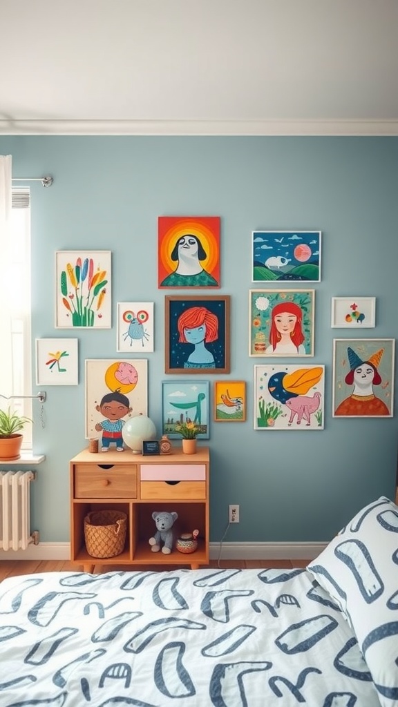 A colorful artistic wall gallery featuring various framed artworks on a blue wall in a cozy bedroom.