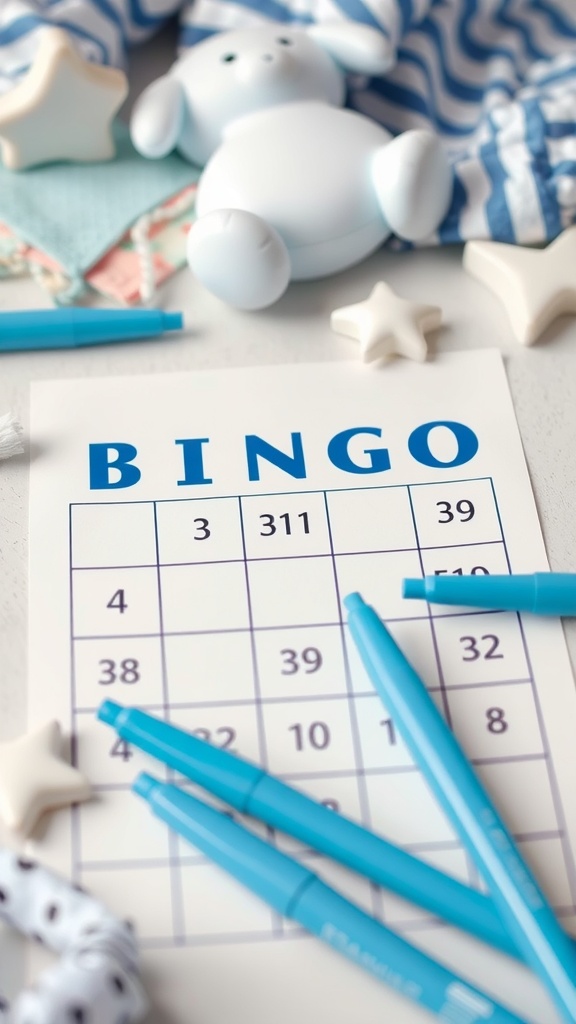 Bingo card and blue pens on a table with baby-themed decorations.