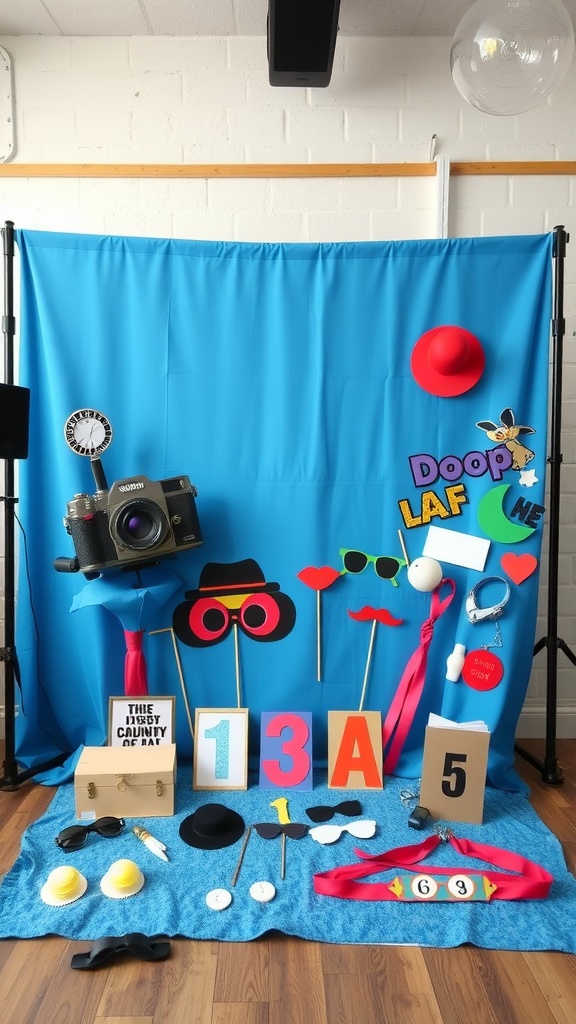 A colorful baby shower photo booth with props like glasses, hats, and a camera.