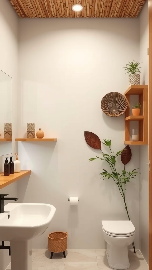 A modern bathroom featuring bamboo ceiling accents and wooden shelves with decorative elements.