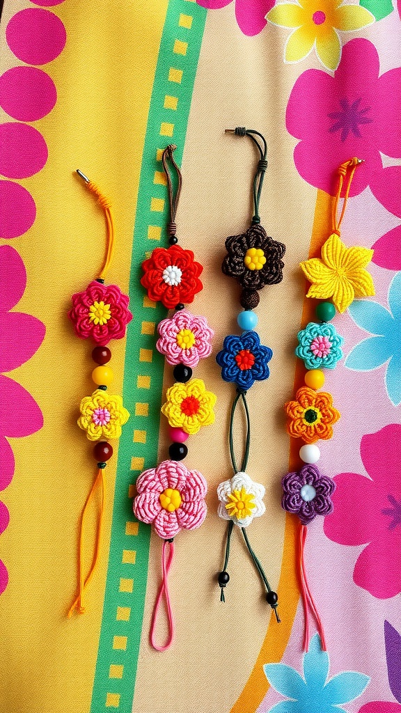 Colorful beaded flower bracelets displayed on a bright floral background