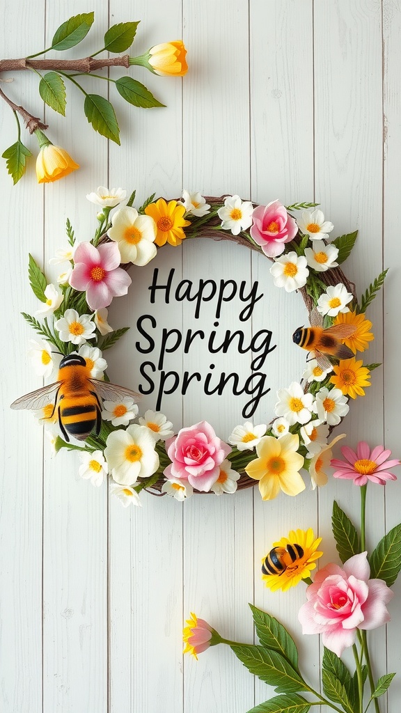 A colorful spring wreath featuring flowers and bees with the text 'Happy Spring' in the center.