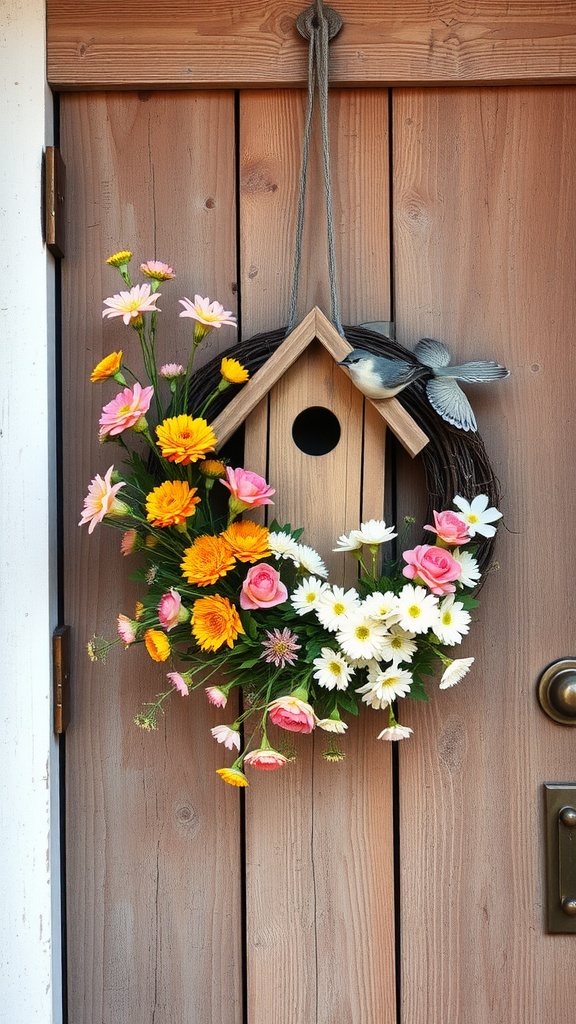 A colorful flower wreath with a wooden birdhouse on a wooden door.