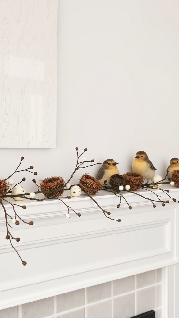 A spring garland with birds and nests on a white mantel