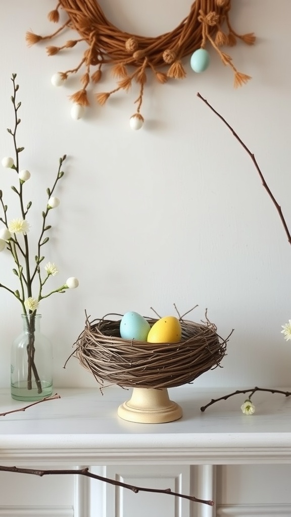 A bird's nest centerpiece with pastel eggs on a pedestal, surrounded by branches and flowers.