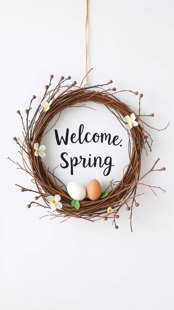 A spring-themed wreath made of twigs, with flowers and decorative eggs, featuring the words 'Welcome Spring.'