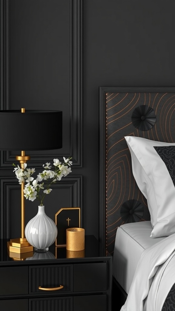 A modern black bedroom featuring gold decorative accents, including a lamp, candle, and vase with flowers.