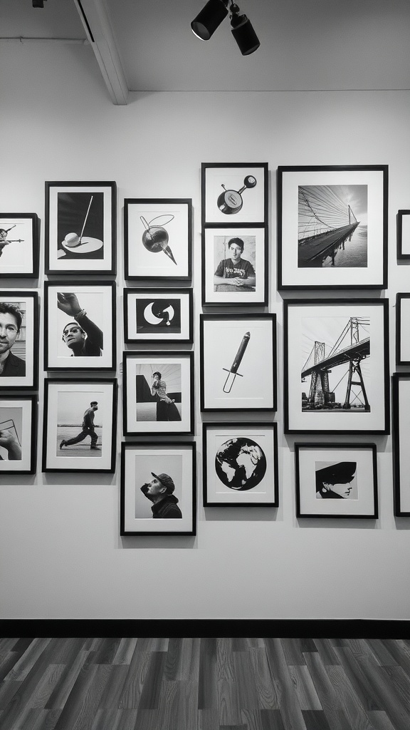 A stylish black and white gallery wall featuring various framed photographs and artworks.