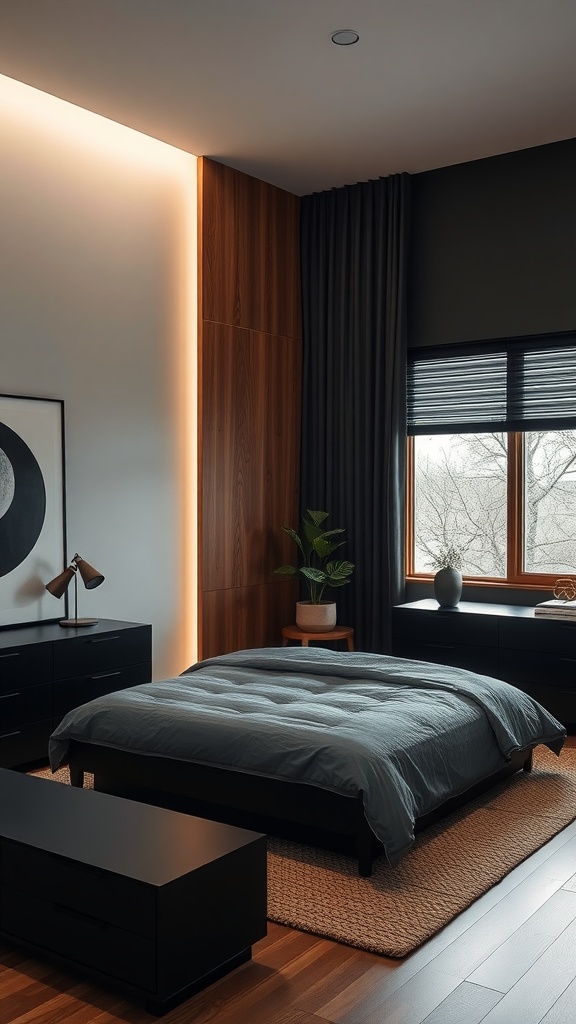 A modern black bedroom featuring wood paneling and sleek furniture