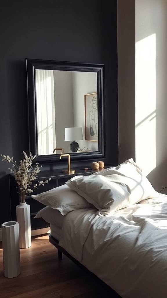 A modern black bedroom featuring a stylish black framed mirror, soft bedding, and elegant decor.