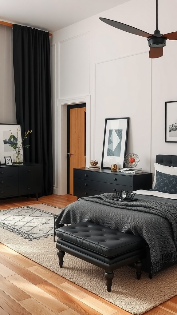 A stylish bedroom featuring black furniture, natural wood accents, and a cozy atmosphere.