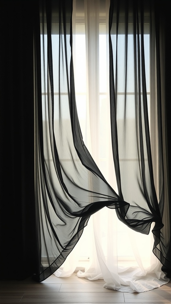 Black sheer curtains elegantly framing a window with soft light filtering through