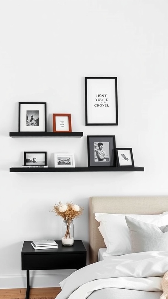 Black wall shelves with framed decor above a bed