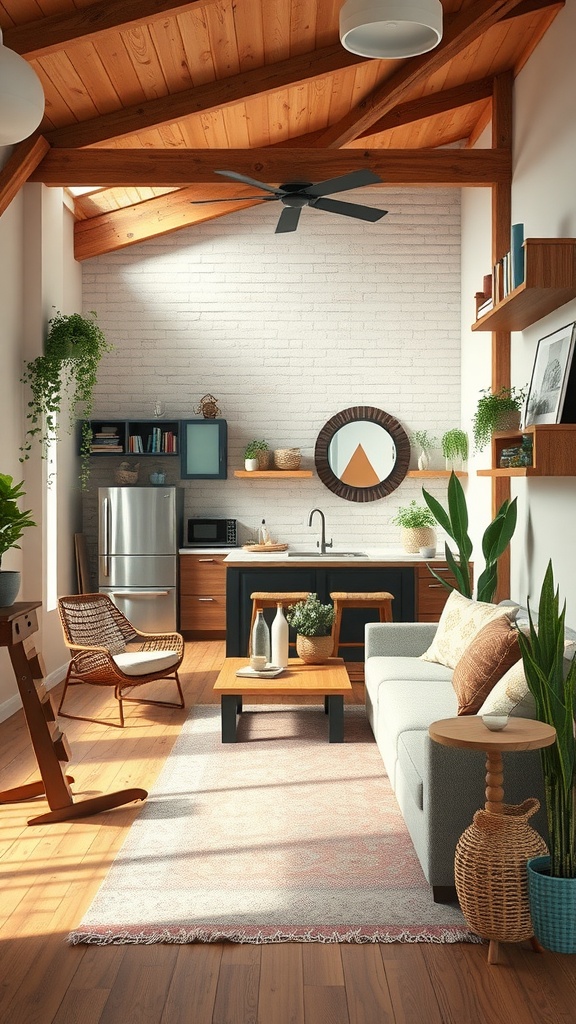 A blended living room and kitchen area featuring warm wood tones and modern decor.