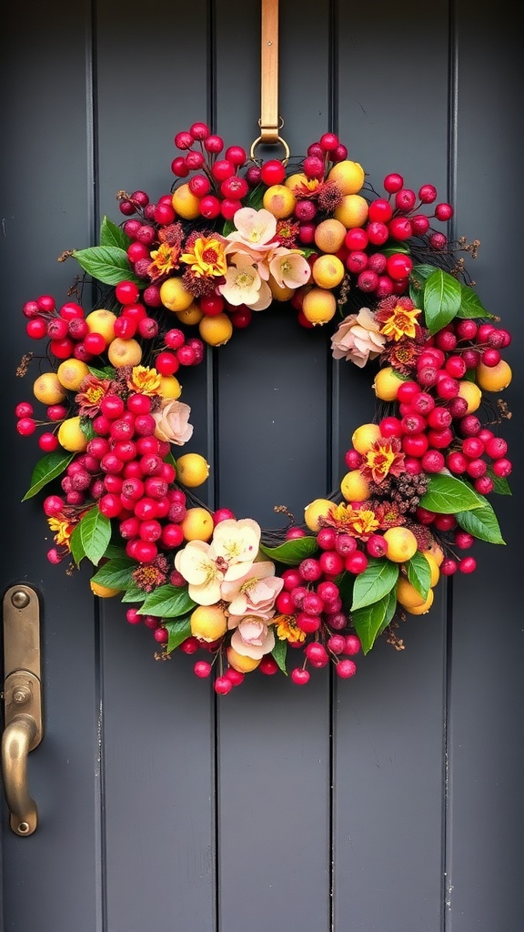 A colorful wreath featuring red and yellow berries with floral accents on a dark door.