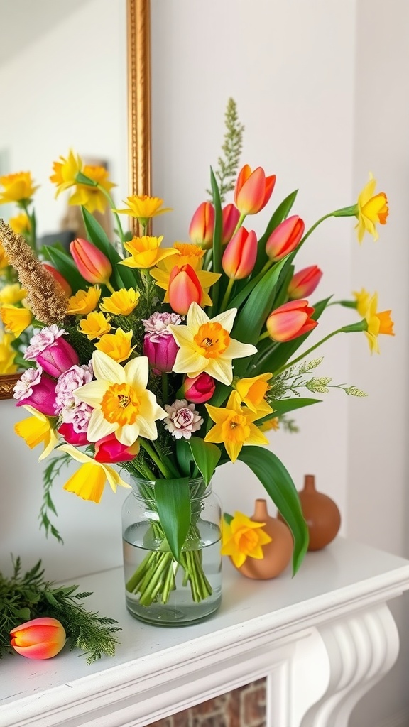 A colorful spring floral arrangement with tulips and daffodils on a mantle.