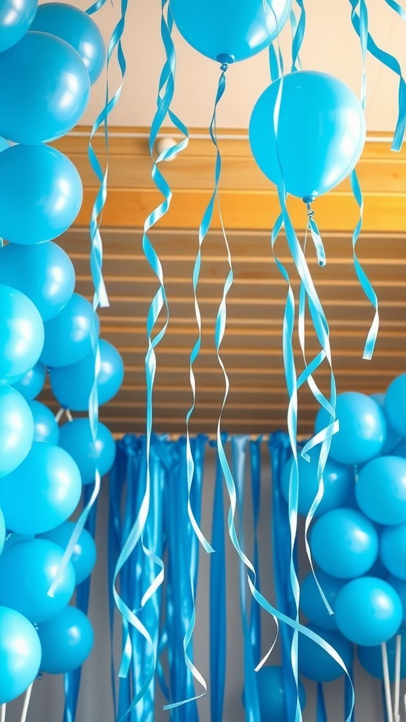 Decorative blue balloons and streamers for a baby boy baby shower