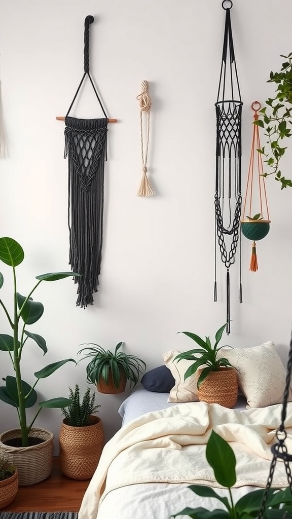 A cozy bedroom featuring black macramé wall hangings and potted plants.