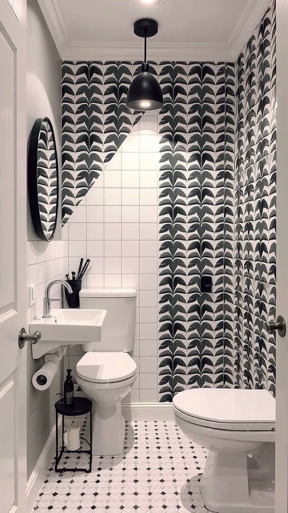 A small bathroom featuring a bold leaf-patterned accent wall, white fixtures, and modern lighting.