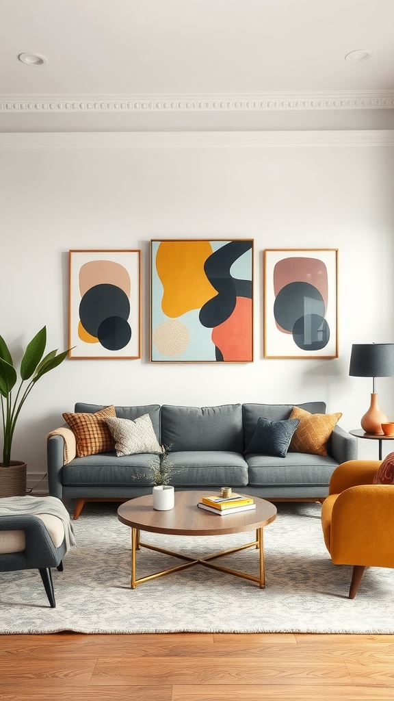 A modern boho living room featuring bold abstract artwork above a stylish couch.